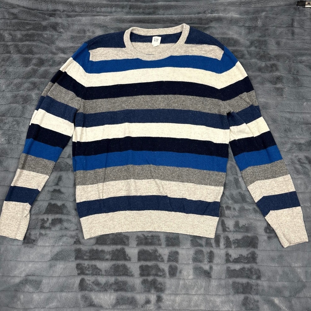 Gap Mens XL Merino Wool Blend Striped Crewneck Sweater Blue Grey White 07/16
